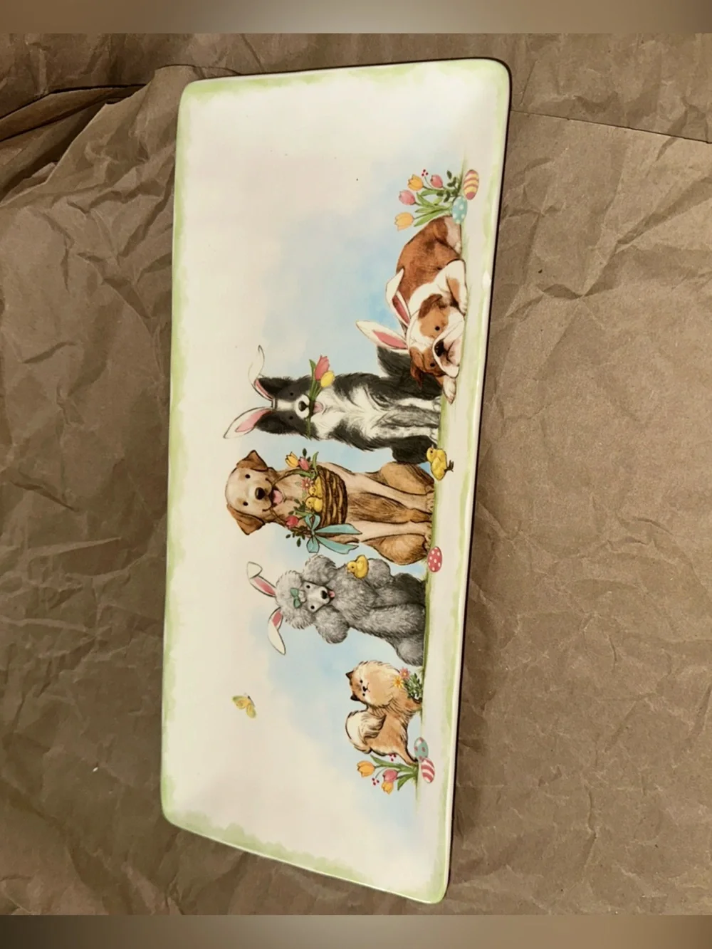 Pier 1 White Ceramic Pet Tray with Easter Puppy Illustration